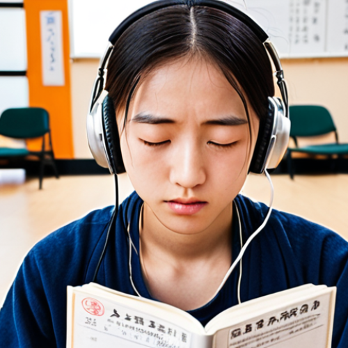 Exam Day Zen**

*   **Prompt:** A student calmly meditating in a bustling TOEFL exam waiting area. Soft, natural lighting. Focus on the student's peaceful expression amidst the nervous energy of others. Small details like headphones around their neck and a well-worn study guide nearby. Japanese text overlay: "試験開始直前のメンタル調整術" (Mental Preparation Techniques Right Before the Exam).

**