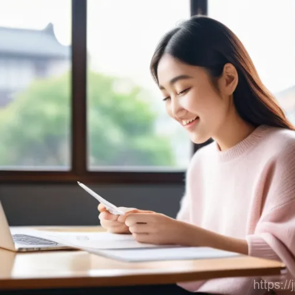 영어 시험 중 고득점자의 성공 스토리 - **Prompt: "A vibrant, uplifting image of a young Japanese woman, in her early twenties, seated at a ...