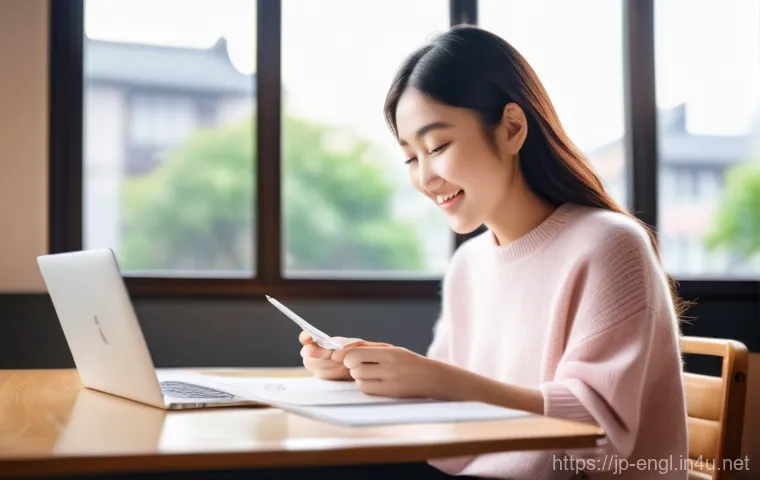 영어 시험 중 고득점자의 성공 스토리 - **Prompt: "A vibrant, uplifting image of a young Japanese woman, in her early twenties, seated at a ...