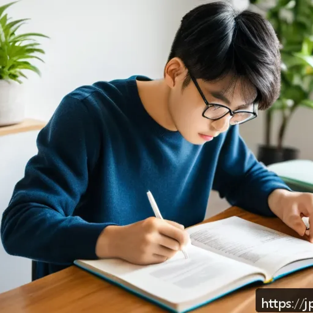 TOEFL Reading 효율적 풀이 방법 - A focused Japanese student studying TOEFL reading strategies at a clean desk in a modern, bright roo...