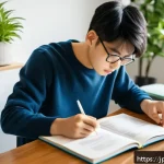 TOEFL Reading 효율적 풀이 방법 - A focused Japanese student studying TOEFL reading strategies at a clean desk in a modern, bright roo...