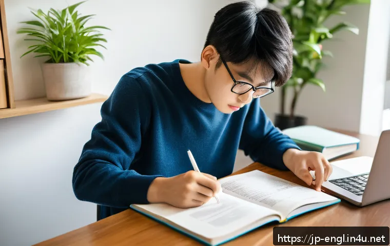 TOEFL Reading 효율적 풀이 방법 - A focused Japanese student studying TOEFL reading strategies at a clean desk in a modern, bright roo...