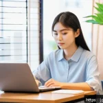 TOEFL Reading 고득점 비법 - A modern Japanese study room scene featuring a young Japanese woman in casual clothing sitting at a ...