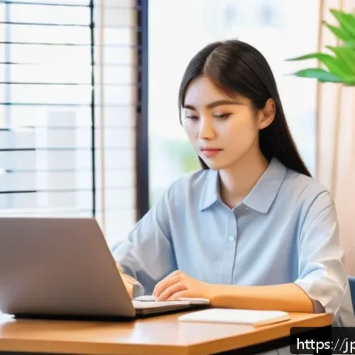 TOEFL Reading 고득점 비법 - A modern Japanese study room scene featuring a young Japanese woman in casual clothing sitting at a ...