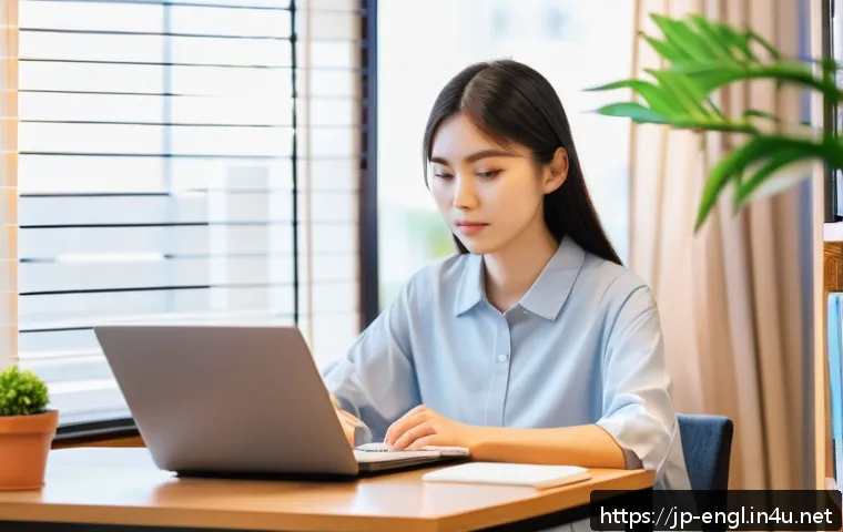 TOEFL Reading 고득점 비법 - A modern Japanese study room scene featuring a young Japanese woman in casual clothing sitting at a ...