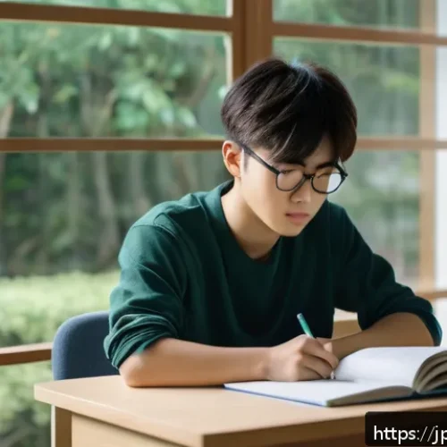 TOEFL 실전 시험 당일 전략 - A focused Japanese student sitting at a neat study desk in a bright, modern room, preparing for an e...