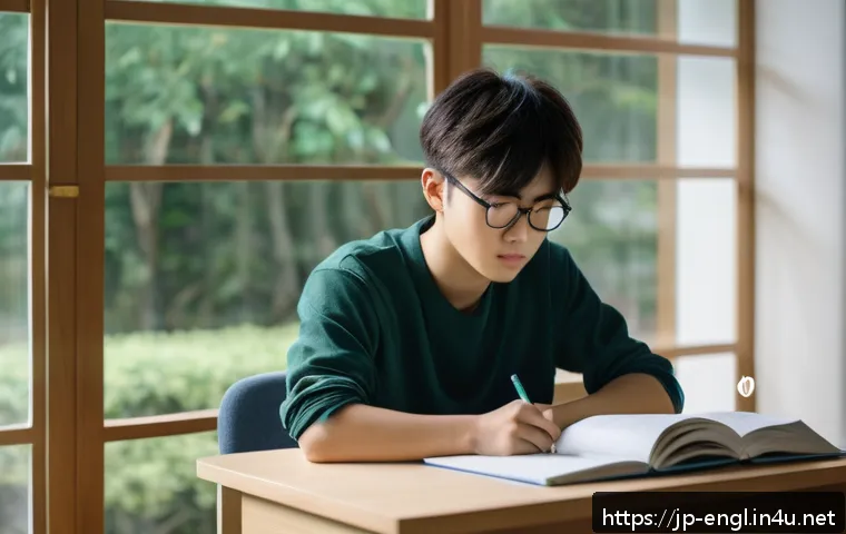 TOEFL 실전 시험 당일 전략 - A focused Japanese student sitting at a neat study desk in a bright, modern room, preparing for an e...