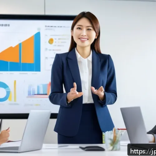 TOEIC으로 경력직 전환 성공 사례 - A modern Japanese office setting with a young professional woman in business casual attire, confiden...