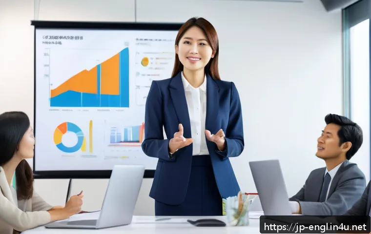 TOEIC으로 경력직 전환 성공 사례 - A modern Japanese office setting with a young professional woman in business casual attire, confiden...