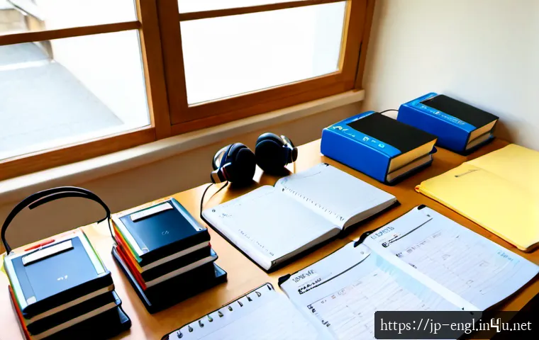 영어 능력 시험 중점 과목 공부법 - Photorealistic overhead study desk scene for English proficiency exam preparation, Japanese adult le...