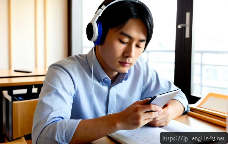 TOEFL Listening 문제풀이 전략 - Photorealistic study scene of a Japanese university student wearing headphones at a clean wooden des...